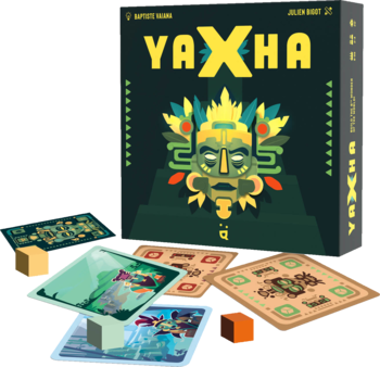 Boite et contenu du jeu de société Yaxha, édité par Helvetiq